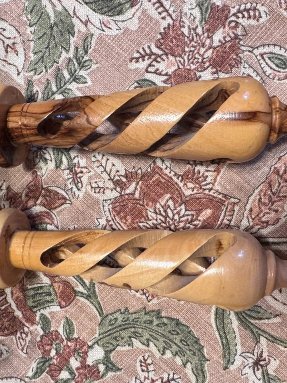 Pair of Vintage Olive Wood Candlesticks Hand Carved Open Twist Candle Holders